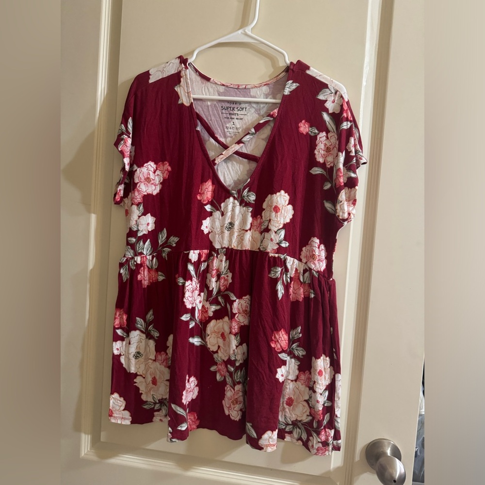 Floral Criss-Cross Burgundy Top